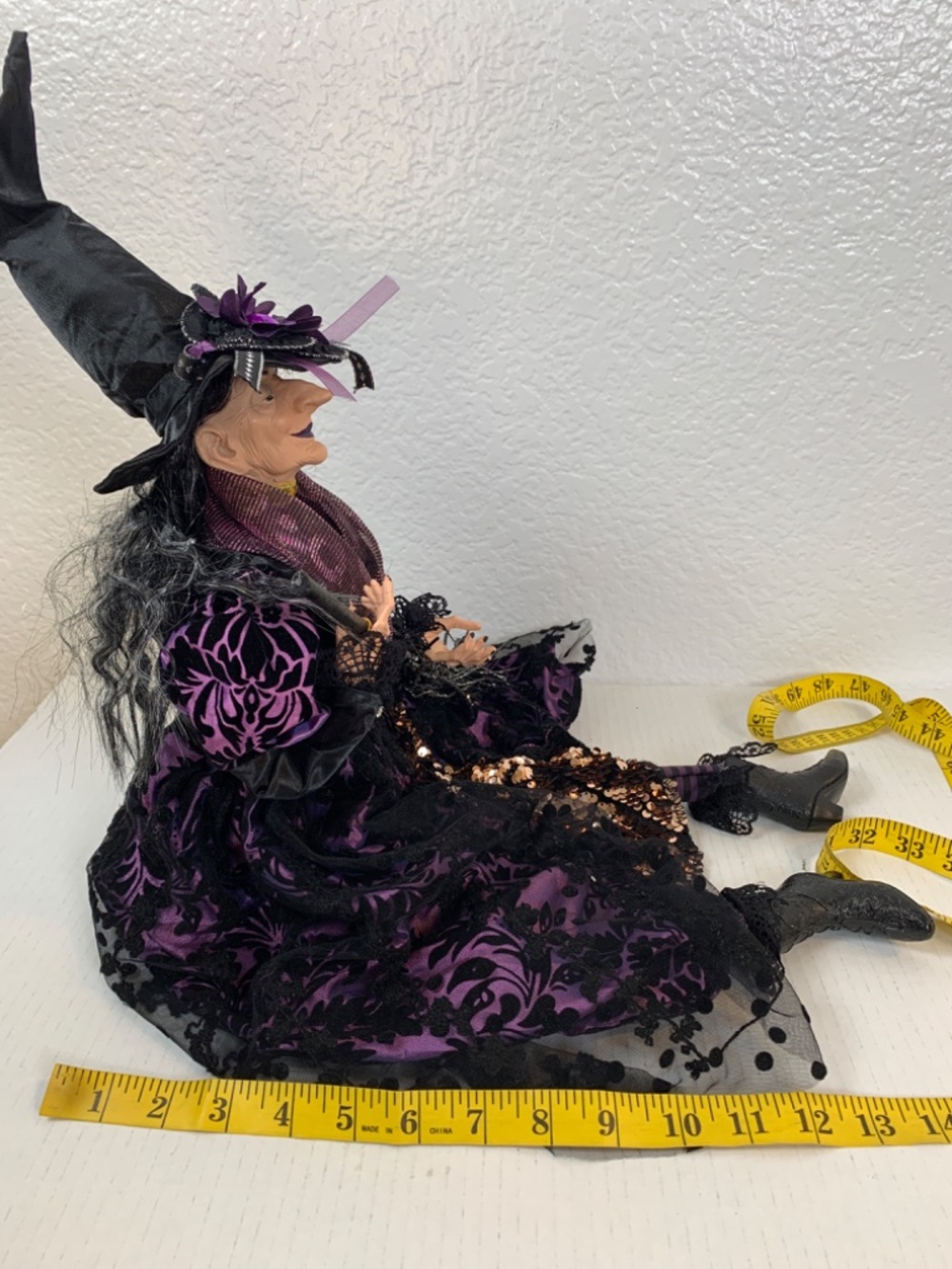 Spooky Old Witch With Broom Doll Shelf Sitter Purple Black Halloween Scary Decor - Picture 15 of 16